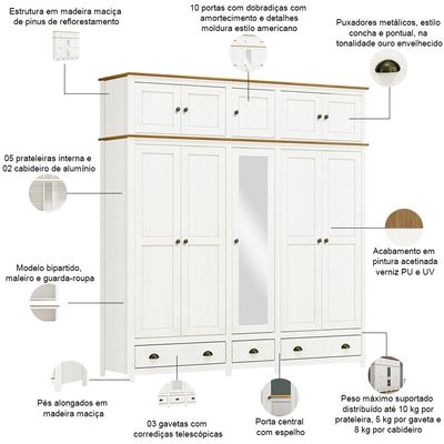 Guarda Roupa Casal 10 Portas Com Espelho e Maleiro Mazzaro F06 Branco Freijó - Lyam Decor