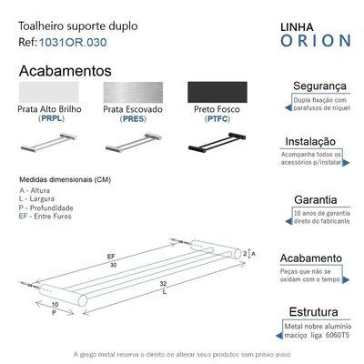 Porta Toalha Toalheiro Duplo Rosto Para Banheiro Escovado Orion 30cm