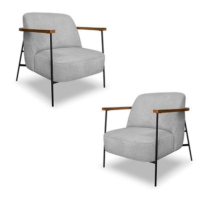 Kit 2 Poltronas Sala de Estar Pés em Ferro Preto Braço Madeira Maciça 86cm Thane Bouclê Cinza G63 - Gran Belo