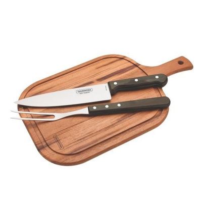 Kit para Churrasco Tramontina em Aço Inox Cabo Castanho Polywood com Tabua de Madeira 3 Peças