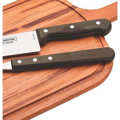 Kit para Churrasco Tramontina em Aço Inox Cabo Castanho Polywood com Tabua de Madeira 3 Peças