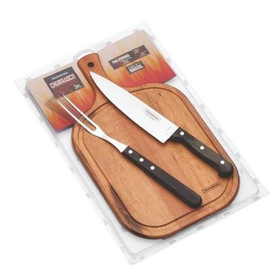 Kit para Churrasco Tramontina em Aço Inox Cabo Castanho Polywood com Tabua de Madeira 3 Peças