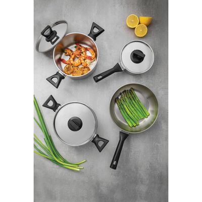 Jogo de Panelas Tramontina Brava Baquelite em Aço Inox com Fundo Triplo e Cabos e Alças de Baquelite Preto 4 Peças