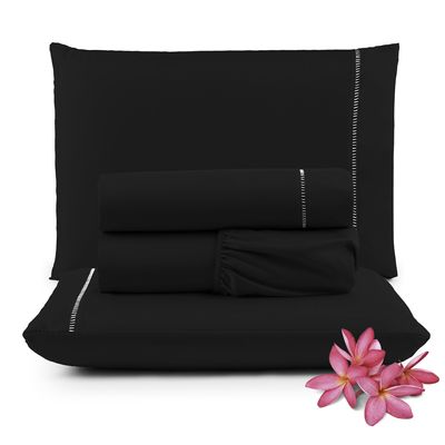 Jogo Cama Lençol Unique Queen 400 Fios Ponto Palito 4 Peças - Preto