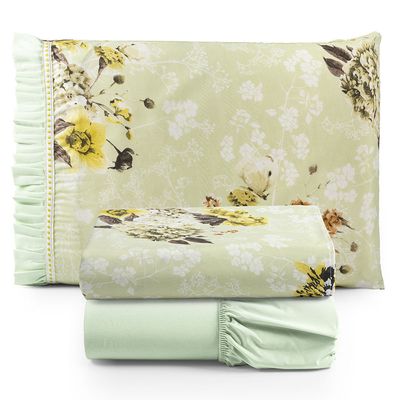 Jogo Cama Lençol Fiore Solteiro Estampado 180 Fios 100% Algodão com Babadinho 3 Peças Verde Floral
