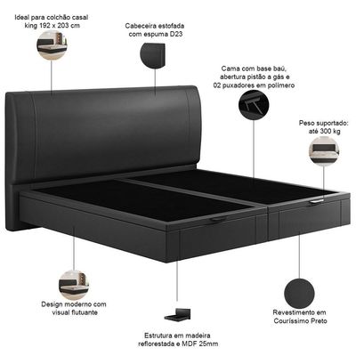 Cama King Baú Flutuante Com Cabeceira 195cm Spazio S04 Couríssimo Preto - Lyam Decor