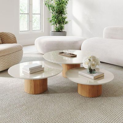Conjunto Mesa De Centro Ava Em Madeira Off White Vidro