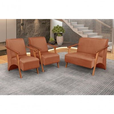 Conjunto Venus Braços Em Madeira Maciça 1 Namoradeira 2 Poltronas Suede Unidecor Terracota