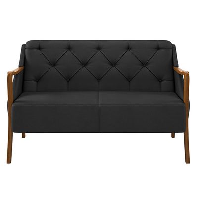 Poltrona Namoradeira Decorativa 2 Lugares Braços em Madeira Hand PU Preto - Gran Belo
