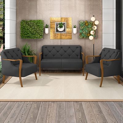 Poltrona Namoradeira Decorativa 2 Lugares Braços em Madeira Hand PU Preto - Gran Belo