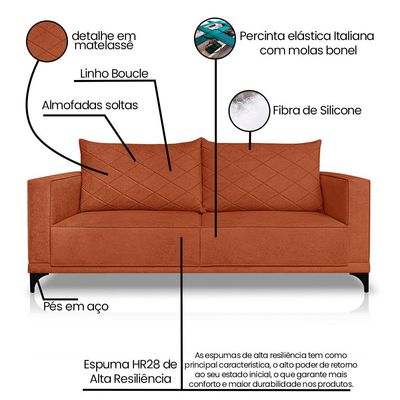 Sofá Living 2 Lugares com Pés de Ferro Almofadas Soltas 180cm Neso Bouclê Terracota G63 - Gran belo
