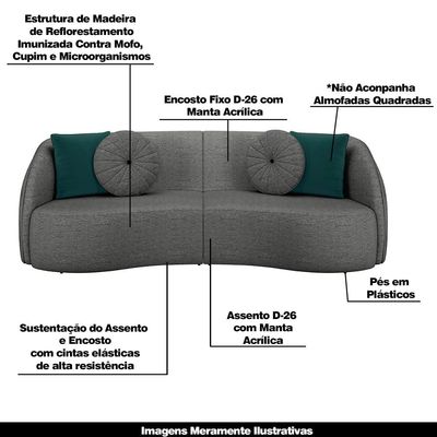 Conjunto Decorativo Sofá 240cm e Poltrona Clarke com Puff Round Linho Chumbo - Gran Belo