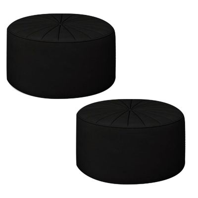 Kit 2 Puffs Decorativos Sala De Estar Round Veludo Preto - Gran Belo