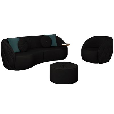 Conjunto Decorativo Sofá 288cm e Poltrona Clarke com Puff Round Veludo Preto - Gran Belo
