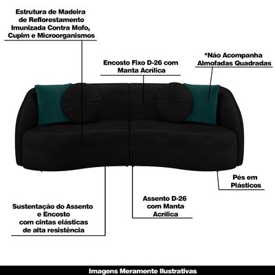 Conjunto Decorativo Sofá 288cm e Poltrona Clarke com Puff Round Veludo Preto - Gran Belo