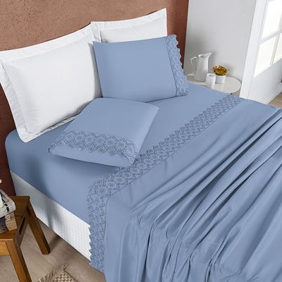 Coordenado Cobre Leito e Lençol Divino King 7 Pçs - Azul