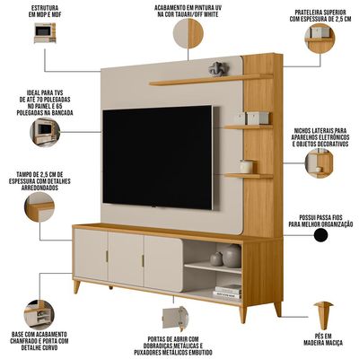 Estante Painel Para TV 70 Pol Pés Retrô 200cm Homero L05 Tauari Off White Fosco - Lyam Decor