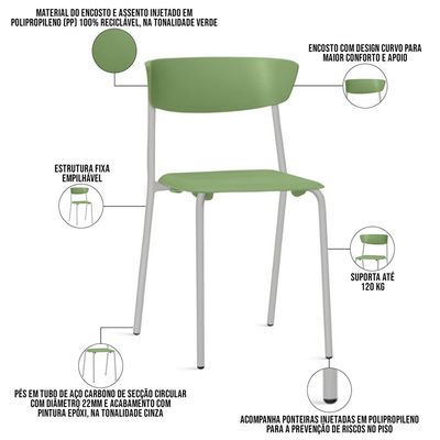 Kit 02 Cadeiras Empilhável Fixa Atom F02 Base Aço Cinza Verde - Lyam Decor