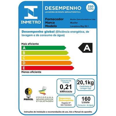 Lavadora De Roupas Semiautomática 20,1kg Mueller Big Branco 220V
