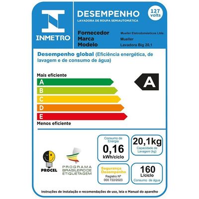 Lavadora De Roupas Semiautomática 20,1kg Mueller Big Branco 220V
