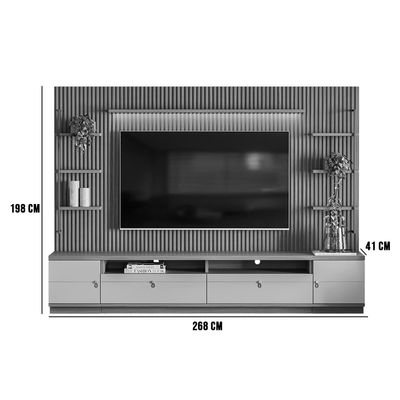 Painel para TV até 75 Polegadas Ripado Betina com Rack Bancada e Módulos Laterais Nature e Off White 268x198 cm L04 - D'Rossi