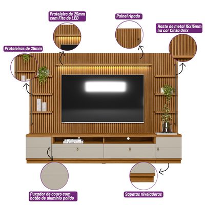 Painel para TV até 75 Polegadas Ripado Betina com Rack Bancada e Módulos Laterais Nature e Off White 268x198 cm L04 - D'Rossi