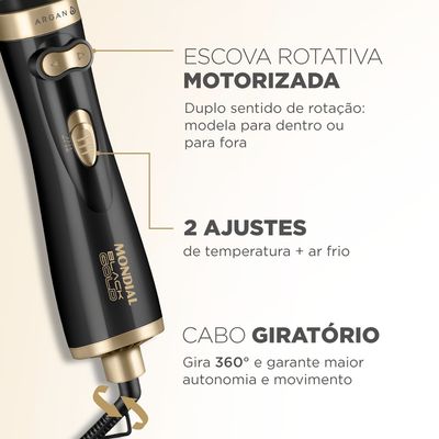 Escova Rotativa Argan Mondial Preto e Champagne 1000W ER-11-AR 220