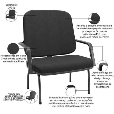 Cadeira De Escritório Recepção Com Braço Fixa Preta Magno P03 Crepe Preto - Lyam Decor