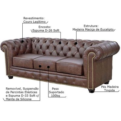 Sofá 3 Lugares Sala de Estar 235cm Chesterfield Pés Madeira Couro Tabaco - Gran Belo