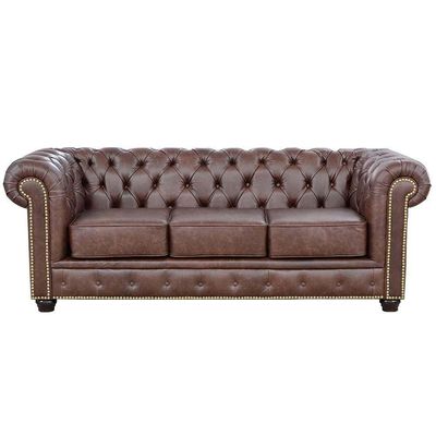 Sofá 3 Lugares Sala de Estar 235cm Chesterfield Pés Madeira Couro Tabaco - Gran Belo