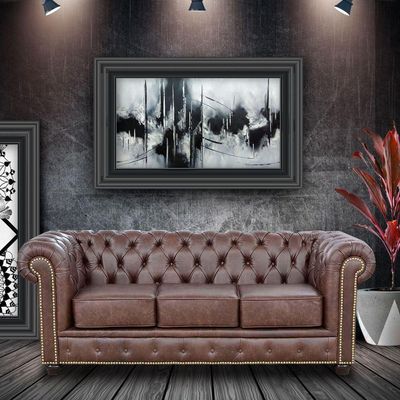 Sofá 3 Lugares Sala de Estar 235cm Chesterfield Pés Madeira Couro Tabaco - Gran Belo