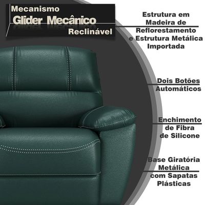 Poltrona do Papai Reclinável Giratória Armênia Glider Mecânico Verde Couro - Gran Belo