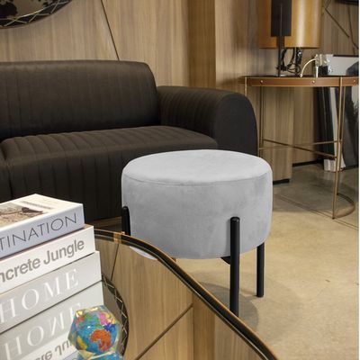 Puff Iron Suede Cinza Base Preto Palito