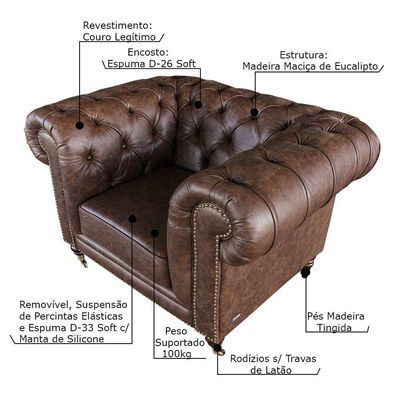 Poltrona Decorativa Sala de Estar Chesterfield Duo Couro Tabaco - Gran Belo