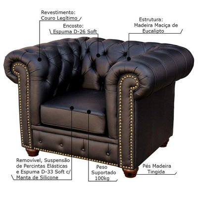 Poltrona Sala de Estar Chesterfield com Pés Madeira Couro Preto - Gran Belo