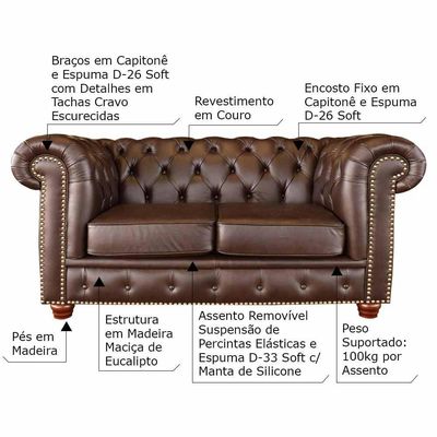 Sofá 2 Lugares Sala de Estar Chesterfield Pés Madeira Couro Tabaco Brilho - Gran Belo