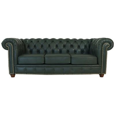 Sofá 3 Lugares Sala de Estar 235cm Chesterfield Pés Madeira Couro Verde - Gran Belo