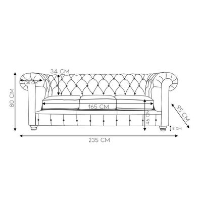 Sofá 3 Lugares Sala de Estar 235cm Chesterfield Pés Madeira Couro Verde - Gran Belo
