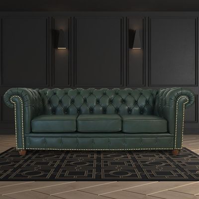 Sofá 3 Lugares Sala de Estar 235cm Chesterfield Pés Madeira Couro Verde - Gran Belo