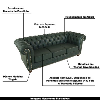 Sofá 3 Lugares Sala de Estar 235cm Chesterfield Pés Madeira Couro Verde - Gran Belo