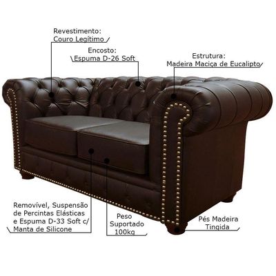Sofá 2 Lugares Sala de Estar Chesterfield com Pés Madeira Couro Capucino - Gran Belo