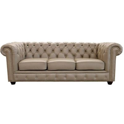 Sofá 3 Lugares Sala de Estar 235cm Chesterfield Pés Madeira Couro Avelã - Gran Belo