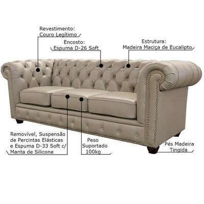 Sofá 3 Lugares Sala de Estar 235cm Chesterfield Pés Madeira Couro Avelã - Gran Belo