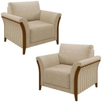 Kit 2 Poltronas Decorativas Pés em Madeira Market Linho Bege - Gran Belo