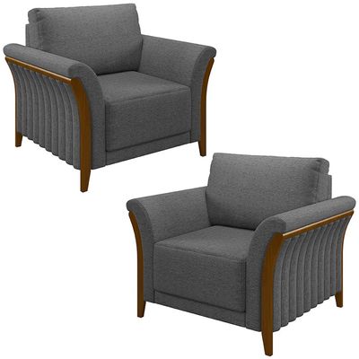 Kit 2 Poltronas Decorativas Pés em Madeira Market Linho Chumbo - Gran Belo