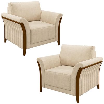 Kit 2 Poltronas Decorativas Pés em Madeira Market Linho Champagne - Gran Belo