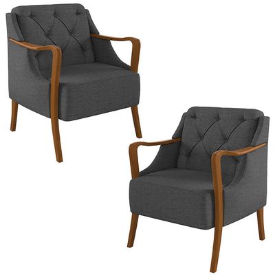 Kit 2 Poltronas Decorativas Braços em Madeira Hand Linho Chumbo - Gran Belo