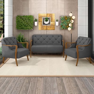 Kit 2 Poltronas Decorativas Braços em Madeira Hand Linho Chumbo - Gran Belo