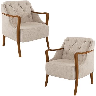 Kit 2 Poltronas Decorativas Braços em Madeira Hand Linho Bege - Gran Belo