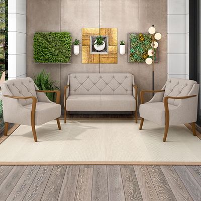 Kit 2 Poltronas Decorativas Braços em Madeira Hand Linho Bege - Gran Belo